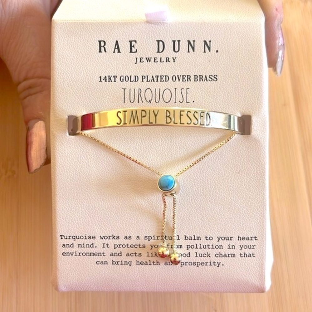 Brand New Rae Dunn 14Kt Gold Plated Simply Blessed Turquoise Adjustable Bracelet